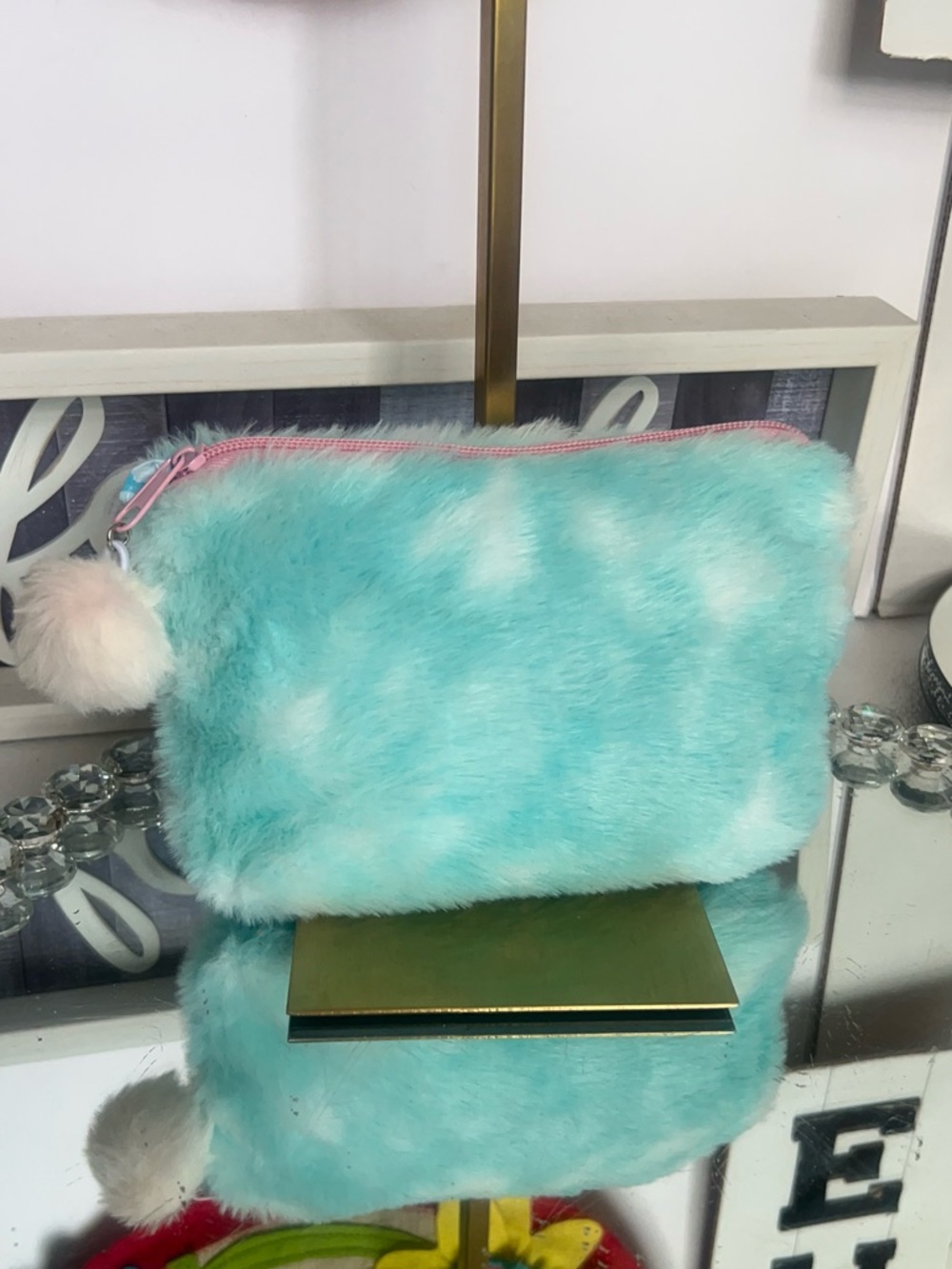 Plush Faux Fur Cosmetic Pouch in Mint with Pink Zip